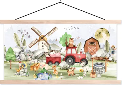 Produktbild von MuchoWow® Textilposter Bauernhof - Traktor - Kinder - Tiere 60x30 cm mit holzfarbenen Rahmen - Dekoration