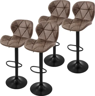 Four brown bar stools are arranged in a group against a white background.