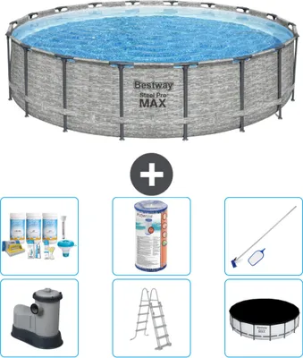 Produktbild von Bestway Round Steel Pro MAX Schwimmbad – Steindruck – 549 x 122 – inklusive Pumpe – Leiter – Abdeckung Wartungspaket - Filter - Reinigungskit