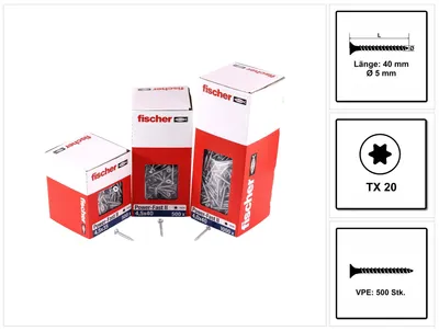 Produktbild von fischer Spanplattenschraube PowerFast, FPF II CTF 5,0 x 40 BC 500 Senkkopf mit Innenstern TX Vollgewinde galvanisch verzinkt, blau passiviert, 500 Stück