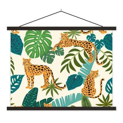 Produktbild von MuchoWow® Textilposter Dschungel - Leopard - Pflanzen - Muster - Mädchen - Jungen 150x113 cm mit holzfarbenen Rahmen - Poster