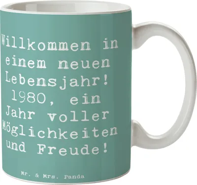 Produktbild von Mr. & Mrs. Panda Kaffeetasse Spruch 1980 Geburtstag - Meeresbrise - Geschenk, Kaffeebecher, Lebensfreude, Happy Birthday, Glückwunsch, geboren, Geburtsjahr, Teebecher