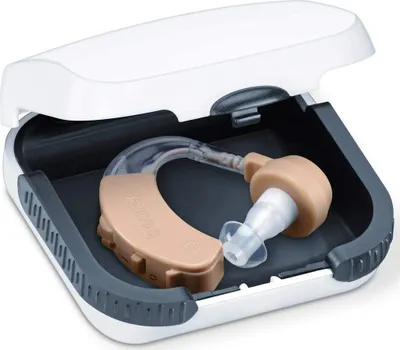 A hearing aid is shown inside its open case.