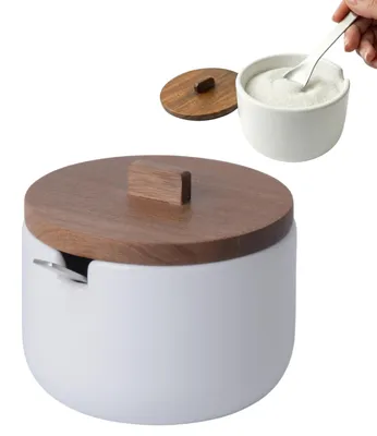 Imagen del producto de Azucarero de cerámica con tapa de madera, de 10,5 x 9 cm, incluye cuchara, ideal para la cocina y la mesa