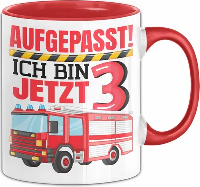Produktbild von 3. Geburtstag Geschenk Tasse Becher Jungs Feuerwehr Aufgepasst Ich Bin Jetzt 3 (Rot)