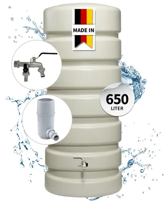 Produktbild von 4rain CLASSIC Regentonne Wandtank Komplett-Set 650 Liter sandbeige inkl. Chrom-Doppelauslaufhahn und Fallrohranschluss