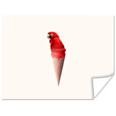 Produktbild von MuchoWow® Poster Eiscreme - Papagei - Rot - Eistüten - Weiß 160x120 cm - Foto Plakat
