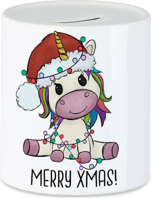 Produktbild von Merry Christmas Spardose Geschenkidee Einhorn-Fans Unicorn Süßes Motiv für Weihnachten für Kinder