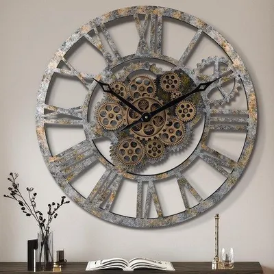 Obrázek produktu pro Lafocuse 57cm Vintage nástěnné hodiny velké s pohyblivými ozubenými koly, ošuntělé dřevo, industriální steampunkové XXL nástěnné hodiny Retro dekorace do kuchyně obývacího pokoje Bar