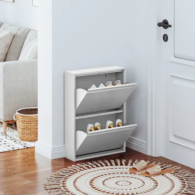 Produktbild von VEEHAUS Schuhregal Schmal Metall Schuhschrank Hoch Schuhkipper mit Magnetische Abdeckung Metall Montiert Schuhschrank Schmal und Wandmontage (Grau, 2 Klappen)