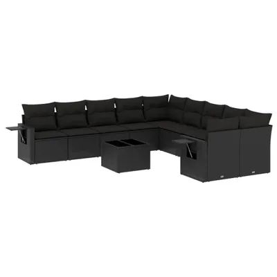 Produktbild von Modulare Garten-Sofagarnitur, 11-teilig, für Terrasse & Balkon, aus UV-beständigem Poly Rattan, mit Hartglas-Tischplatte & Kissen, Schwarz
