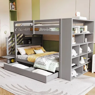 Obrázok produktu pre Poschodová posteľ 90x200 cm z borovicového dreva, sivá, s bezpečnostnou schodiskou, bočnicami, zásuvkami na odkladanie a roštom, vhodná do detskej izby