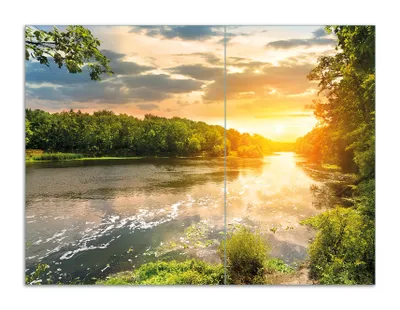Produktbild von Wallario Herdabdeckplatte aus Glas, Größe 70 x 52 cm 2-teilig, Motiv Sonnenuntergang am Fluss in grüner Umgebung