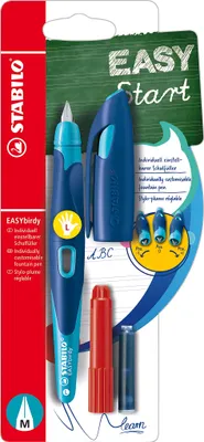 Produktbild von Ergonomischer Schulfüller für Linkshänder mit Standard-Feder M - STABILO EASYbirdy in mitternachtsblau/azur - Einzelstift - Schreibfarbe blau (löschbar) - inklusive Patrone und Einstellwerkzeug