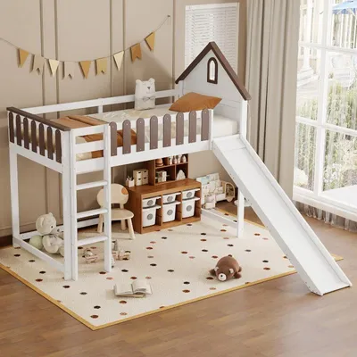Productafbeelding van Hoogslaper 90x200 cm, wit en walnootkleurig, gemaakt van grenenhout en MDF, met een dak, raam en glijbaan, ideaal voor kinderkamers
