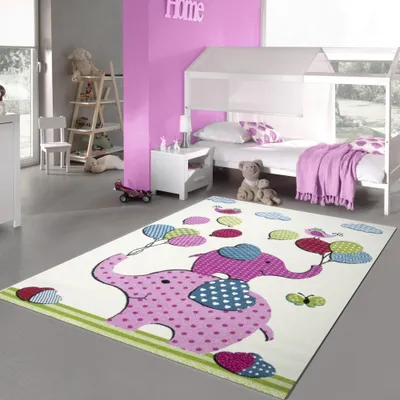 Immagine prodotto di Tappeto per cameretta con simpatici elefanti in crema e rosa Dimensioni - 120 x 170 cm