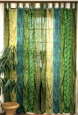 Produktbild von Boho Patchwork Vorhänge, 1 Paar Bohemia Gardine aus Sareestoff, Unikat 300 cm - Grün, Polyester, Dekovorhänge
