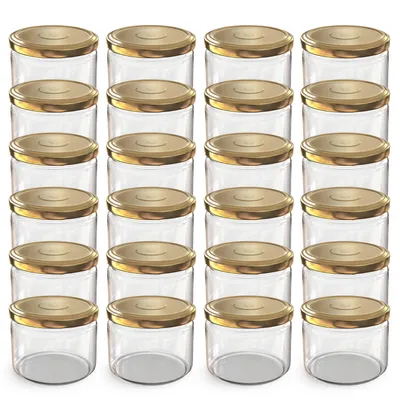 A grid of clear glass jars with gold lids.