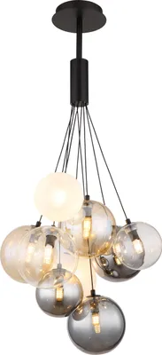 Produktbild von Globo Lighting Hängeleuchte Metall schwarz matt, Glaskugeln, Kabel PVC schwarz, Glasfarben: rauchfarben, klar, amber, satiniert, ø: 450mm, H: 900mm, Glas-DM: 3 x 12 cm, 6 x 15 cm, exkl. 9x G9 LED 10W 230V