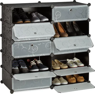 Produktbild von Relaxdays Schuhschrank mit 10 Fächern, Schuhregal groß, Steckregal Kunststoff, DIY, HxBxT ca. 90 x 94 x 37 cm, schwarz