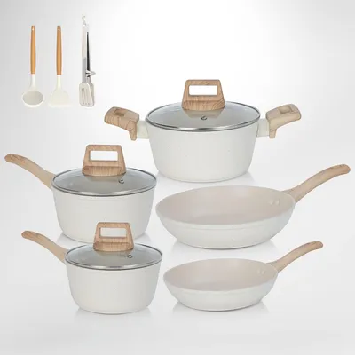 Image de Ensemble de casseroles et poêles, 11 pièces, revêtement antiadhésif en granit blanc, compatible avec les plaques à induction, pour la cuisine