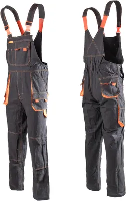 Two views of a pair of dark gray work overalls with orange accents, presented against a white background.