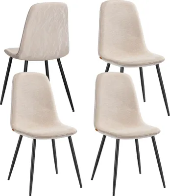 Four beige dining chairs with black metal legs are arranged on a white background.