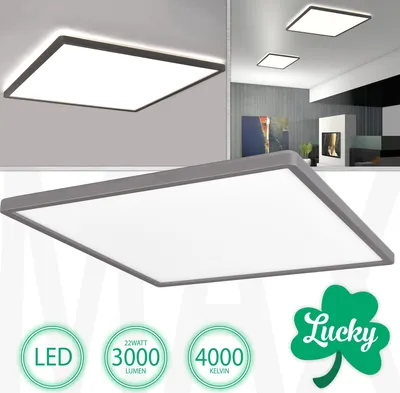 A collage of images showing a square LED ceiling light from different angles, with close-ups and a room setting. It also includes marketing icons with product specifications.