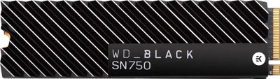 A black NVMe SSD with a heatsink, featuring diagonal lines and a label with product information.