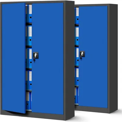 Produktbild von 2er Set Aktenschrank XXL C001II Büroschrank Metallschrank Flügeltüren Stahlblech Pulverbeschichtung 185 cm x 115 cm x 40 cm Farbe: Anthrazit/Blau