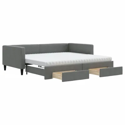 Image de Lit de jour avec gigogne et tiroirs gris foncé 100x200 cm tissu