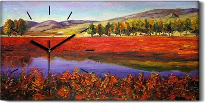 Produktbild von Leinwand Wanduhr Wandkunst Uhr 60x30 Bild Baum Aquarell Wasser Gras Berg - schwarze Hände