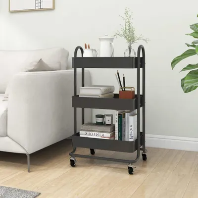 Produktbild von Schwarzer Stahlwagen mit 3 Etagen, 43x34x79 cm, robuster Aufbewahrungswagen mit 3 Ebenen und 2 Bremsrollen für Büro und Haushalt