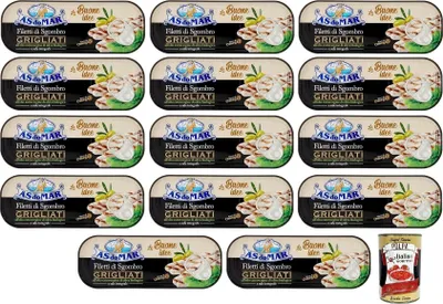Produktbild von 14x AS do MAR Filetti di Sgombro Grigliati,Gegrillte Makrelenfilets in -Olivenöl Extra und Vollsalz,120g Dose + Italian Gourmet Polpa di Pomodoro 400g Dose
