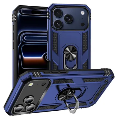Three views of a blue phone case with a ring holder, displayed on a white background.