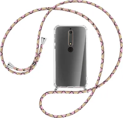 Produktbild von Handykette Backcover-Schutzhülle mit Band (Metall silberfarben) für Nokia 6.1 - rosa Karo