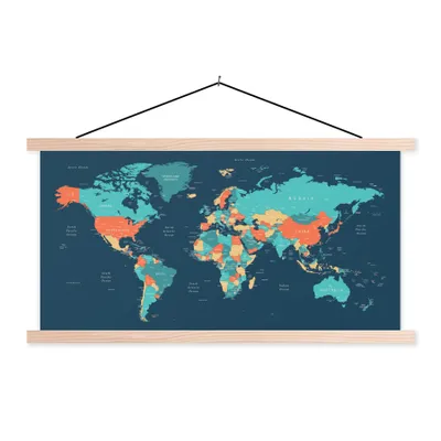 Produktbild von MuchoWow® Textilposter Weltkarte - Blau - Statistisch 60x30 cm mit holzfarbenen Rahmen - Dekoration