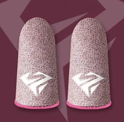 Two pink finger sleeves with a white logo are shown against a purple background.
