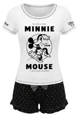Produktbild von Disney Minnie Maus Damen-Pyjama Set Kurzarm Shirt & Shorts S–XL Weiß/Schwarz - M, Bunt