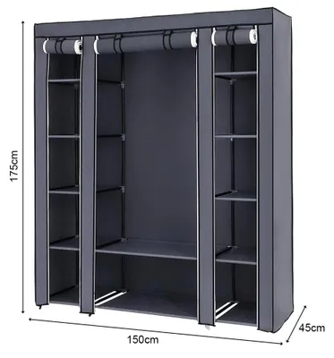 Produktbild von Tragbarer Kleiderschrank - Kleideraufbewahrung - Aluminiumrahmen - Rostbeständig - 150 x 45 x 175 cm - Mit Ablagen - Dunkelgrau