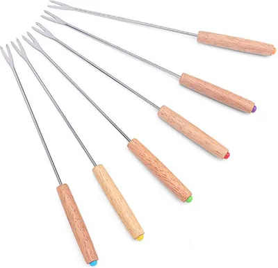 Produktbild von 6-teiliges Fondue-Gabel-Set, multifunktional, Edelstahl, Holzgriff, Fonduegabeln für Obst-, Käse- und Schokoladenfondue, Schokoladenbrunnen