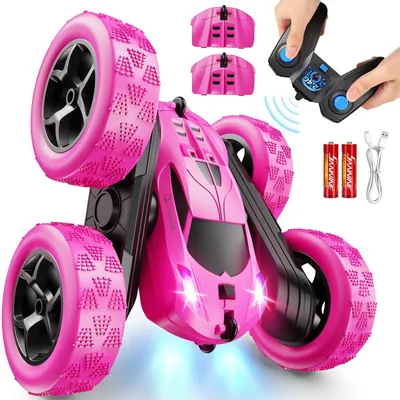 Productafbeelding van Afstandsbedienings stuntauto 4WD, 2400 MHz, geschikt voor meisjes, RC-auto, dubbelzijdig, 360° draaibeweging, LED-verlichting, modulaire batterij, robuust speelgoed voor buiten, geschikt voor kinderen van 6-12 jaar, roze