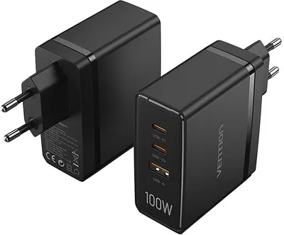 Immagine prodotto di Vention Caricabatterie USB (C+C+A) GaN a 3 porte (100W/100W/30W) con spina UE Nero