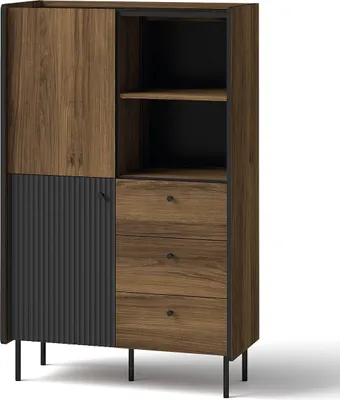 Produktbild von Kommode PRESTIGO P4 - 2 Türen, 3 Schubladen, Nußbaum/Schwarz, Laminatplatte, Loft-Stil - Furniture24