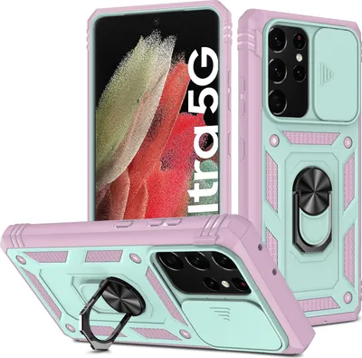 Immagine prodotto di Custodia per Samsung Galaxy S21 Ultra 5G protezione fotocamera scorrevole, resistente agli urti, con supporto ad anello, supporto e porta carte di credito Rosa Verde
