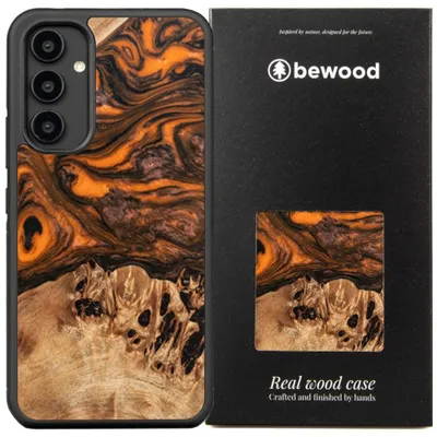 Imagen del producto de Funda de madera y resina para Samsung Galaxy A54 5G, modelo BEWOOD UNIQUE, color naranja y negro