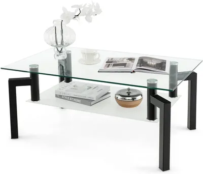 Produktbild von GOPLUS Couchtisch aus Glas, 2-stöckiger Mitteltisch mit Platte aus gehärtetem Glas & offener Ablage, rechteckiger Glastisch mit Metallrahmen