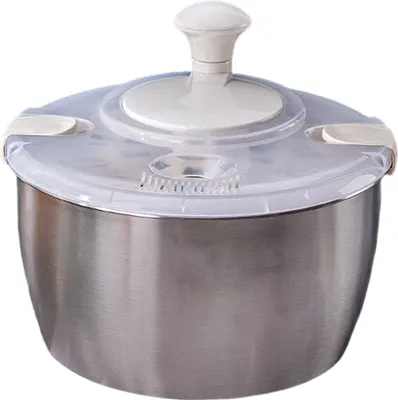 A stainless steel salad spinner with a clear lid and white handle, isolated on a white background.