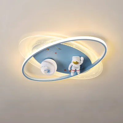 A ceiling light fixture with an astronaut and planet theme.