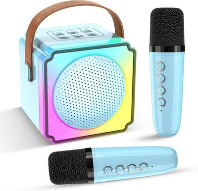 Obrázek produktu pro Dětská sada pro karaoke s Bluetooth pro domácí použití, přenosná, se 2 bezdrátovými mikrofony, modrá, pro děti i dospělé